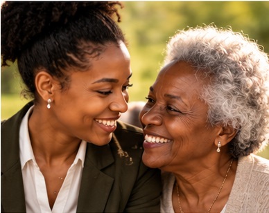 A younger woman and an older woman sharing a smile