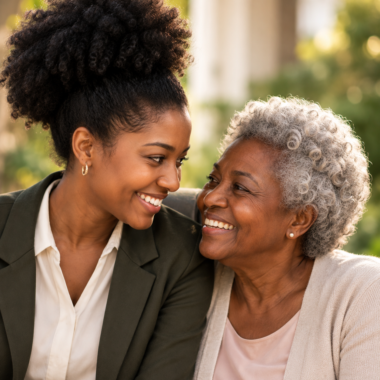 A younger woman and an older woman sharing a joyful moment